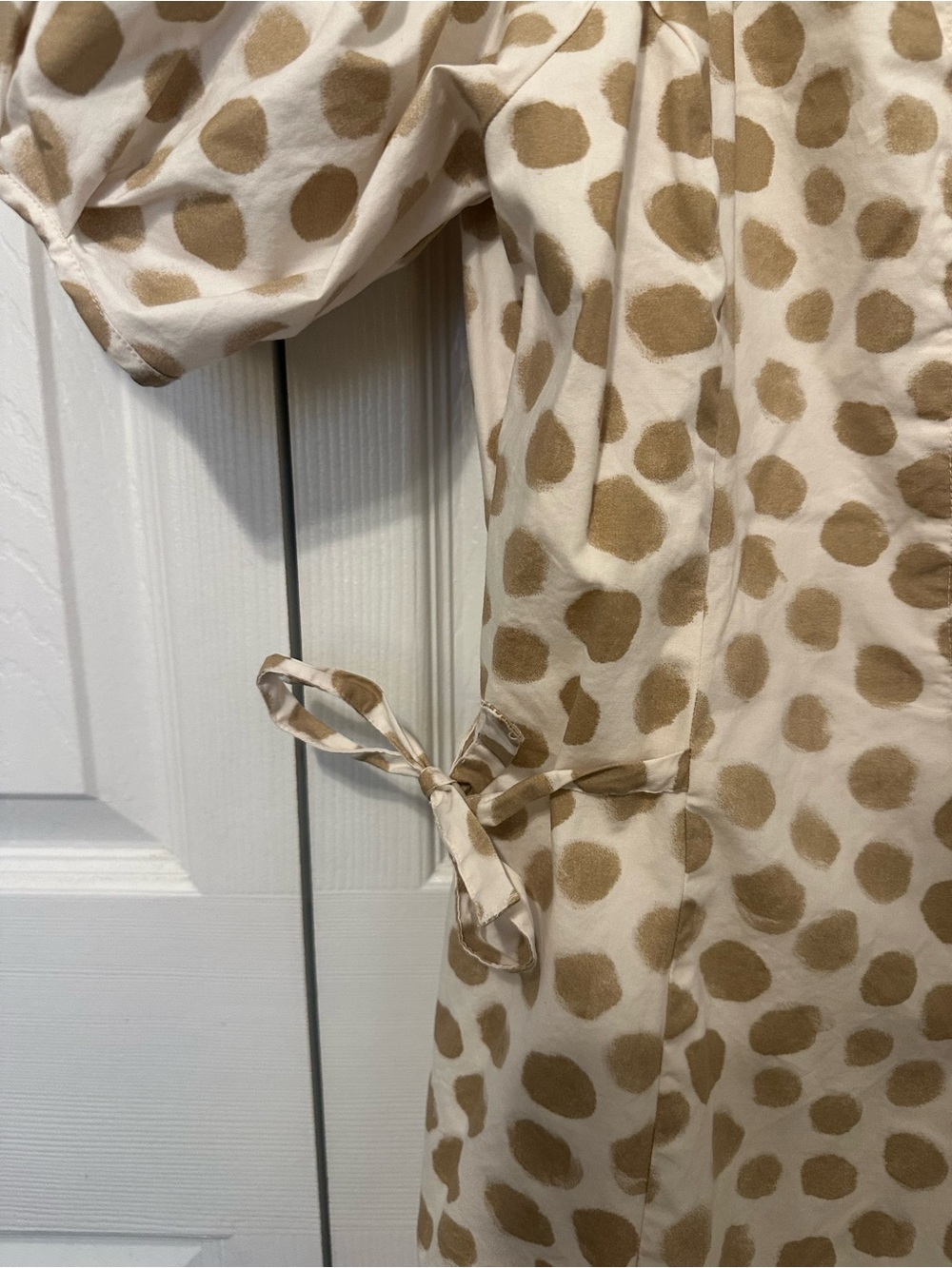 LOFT Cream Dress with Tan Polka Dots and Puff Sleeves, Button-Front - Picture 2 of 4